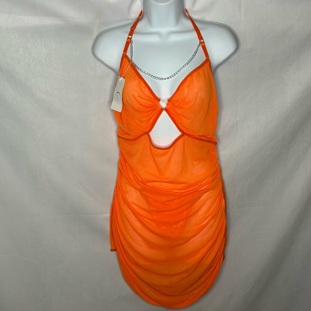 NWT Neon Orange Mesh Halter Dress with Chain Detail & Matching Panty size XL